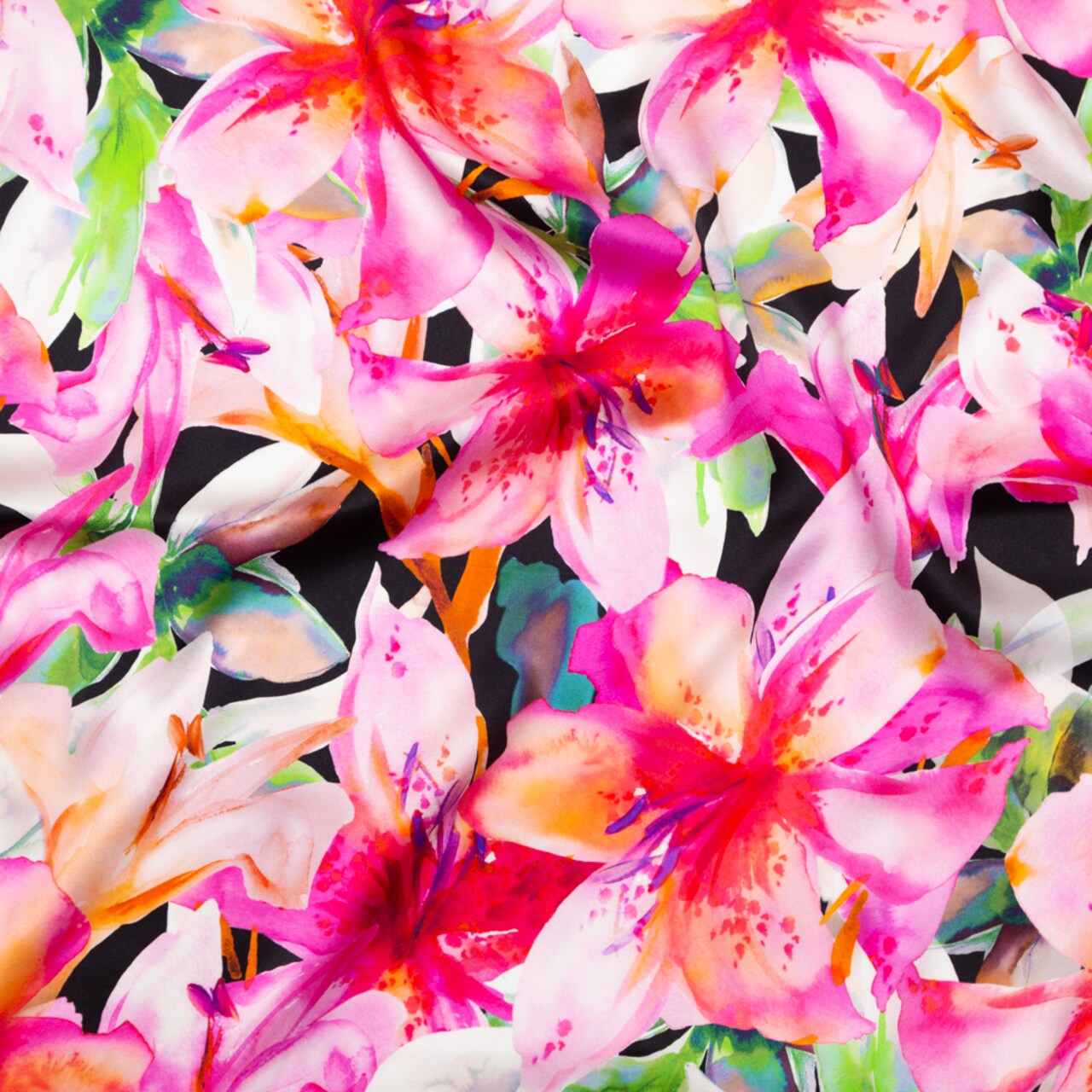 1 Yard Silk Charmeuse Watercolor Floral Italian Made Pink & Black Digital Print, 55 Inches Width